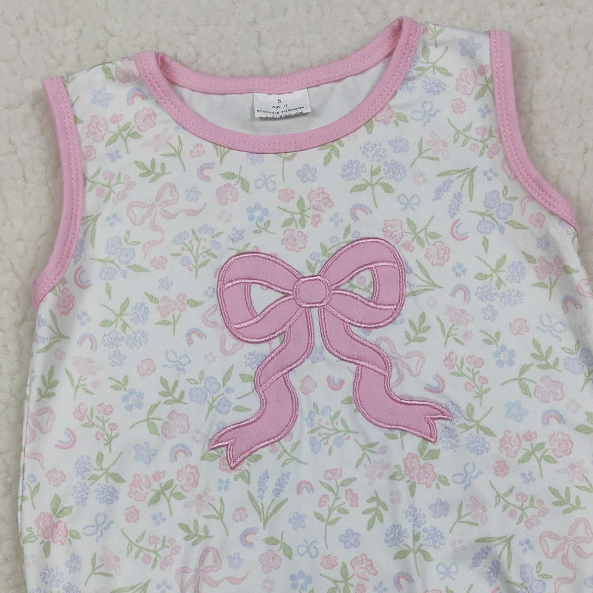 3.30 RTS NO MOQ (In stock)SR3727 Sleeveless pink bow embroidery floral baby girl romper