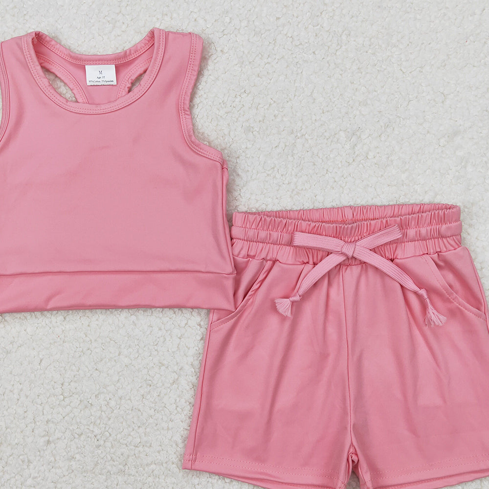 4.08 GSSO2130 RTS NO MOQ Baby Girls Summer Outfits Pink Sleeveless Top Pockets Shorts Yoga Set
