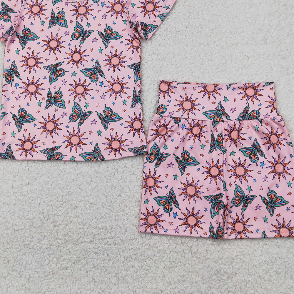 4.12 GSSO2437RTS NO MOQ Baby Girls Summer Outfits Pink butterfly sun baby kids summer clothes