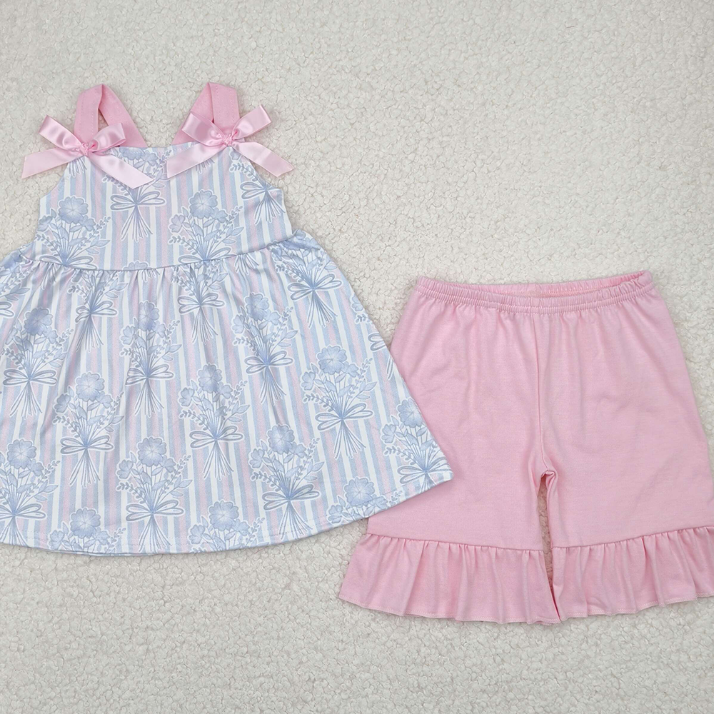 4.08 GSSO2429 RTS NO MOQ Baby Girls Summer Outfits Pink Strap Floral Stripe Tunic Ruffle Short Set