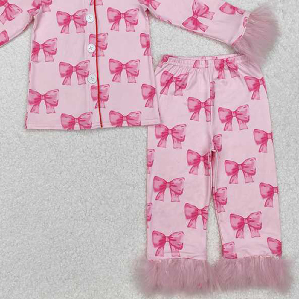 4.30 GLP2289 RTS NO MOQ Pink bow fur long sleeves kids girls button down pajamas