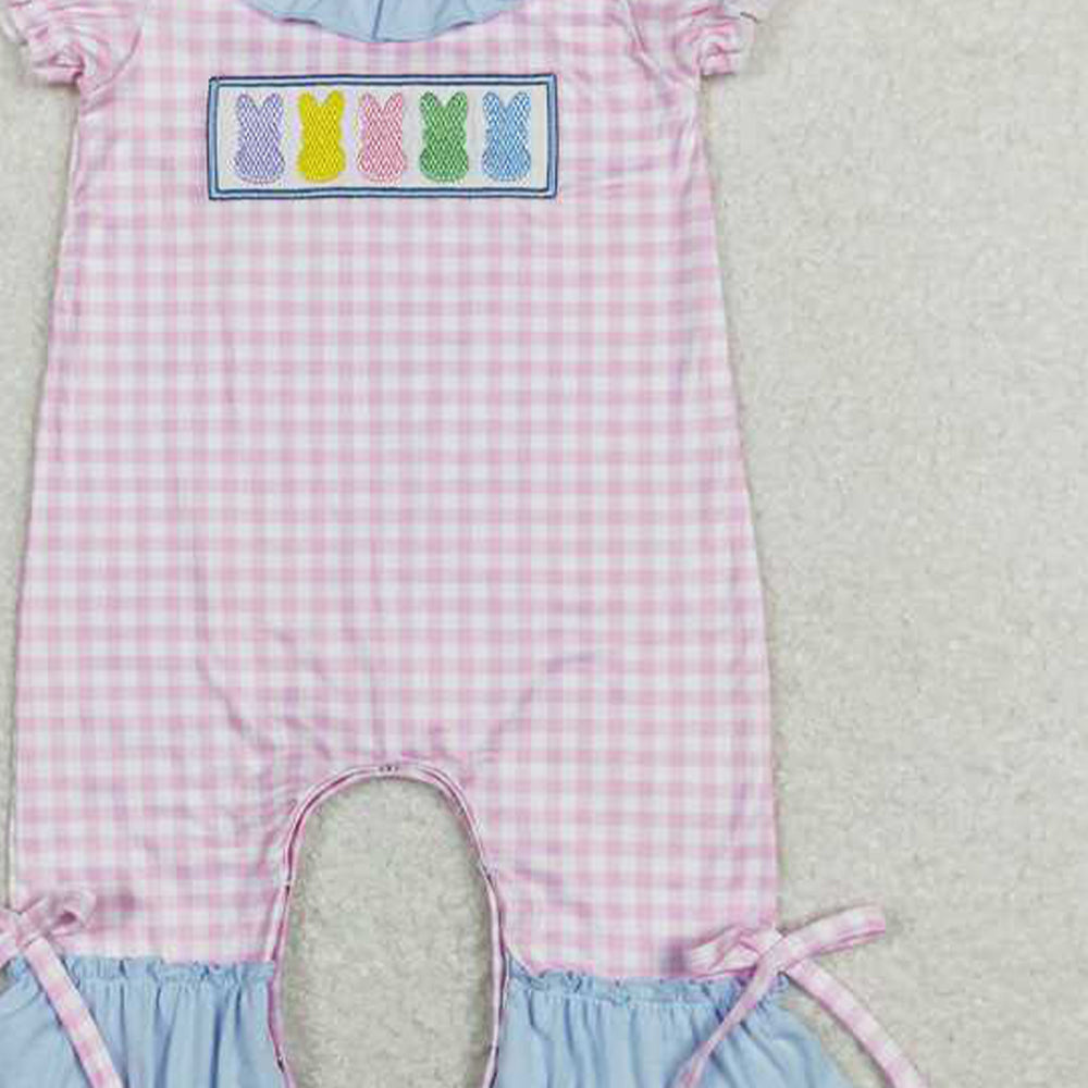 5.16 SR0689 RTS NO MOQ Pink plaid bunny ruffle baby girls easter romper