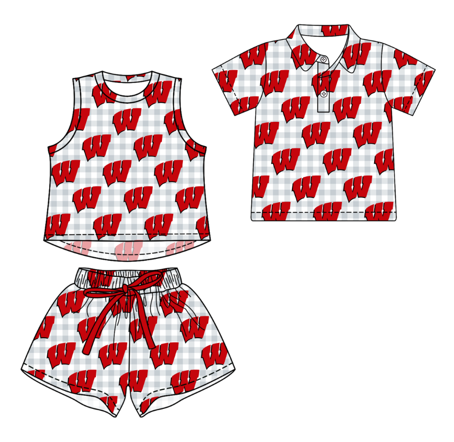 3.16 CUSTOM MOQ 5 Sibling Boys Baby Girls Summer Fashion Light Gray Check Red W Sleeveless Top Shorts Button Polo Shirts Team Clothes Sets