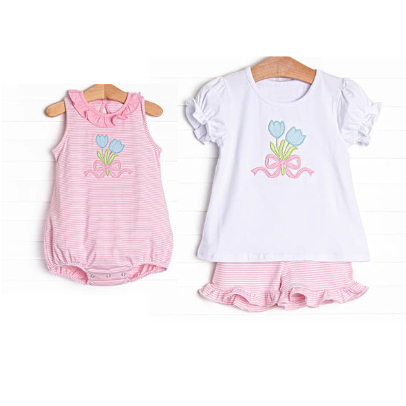 Girls White Short Sleeve Tulip Top Pink Stripe Shorts Outfit Casual Comfortable Clothing Set for Kids