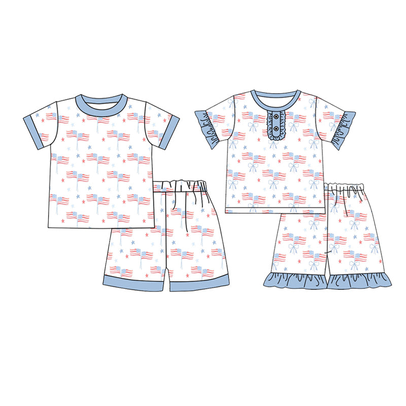 Baby Boys Short Sleeves Flags Stars Top Short 4th Of July Pajamas Set