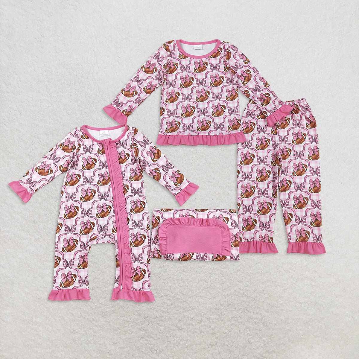RTS Sibling Baby Girls Winter Outfits Pink Bows Footballs Top Pant Team Pajamas Set rompers