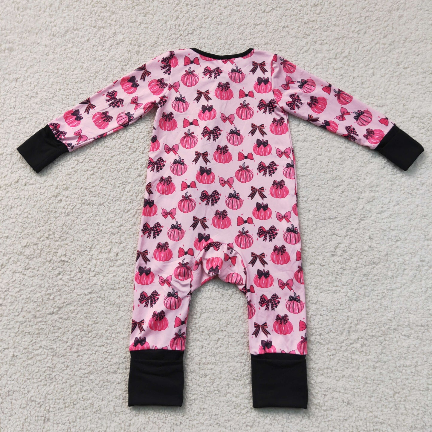 LR3069 RTS NO MOQ (In stock)Baby Girls Cute Pink Bow Pumpkin Long Sleeve Two Way Zip Ruffle Convertible Rompers