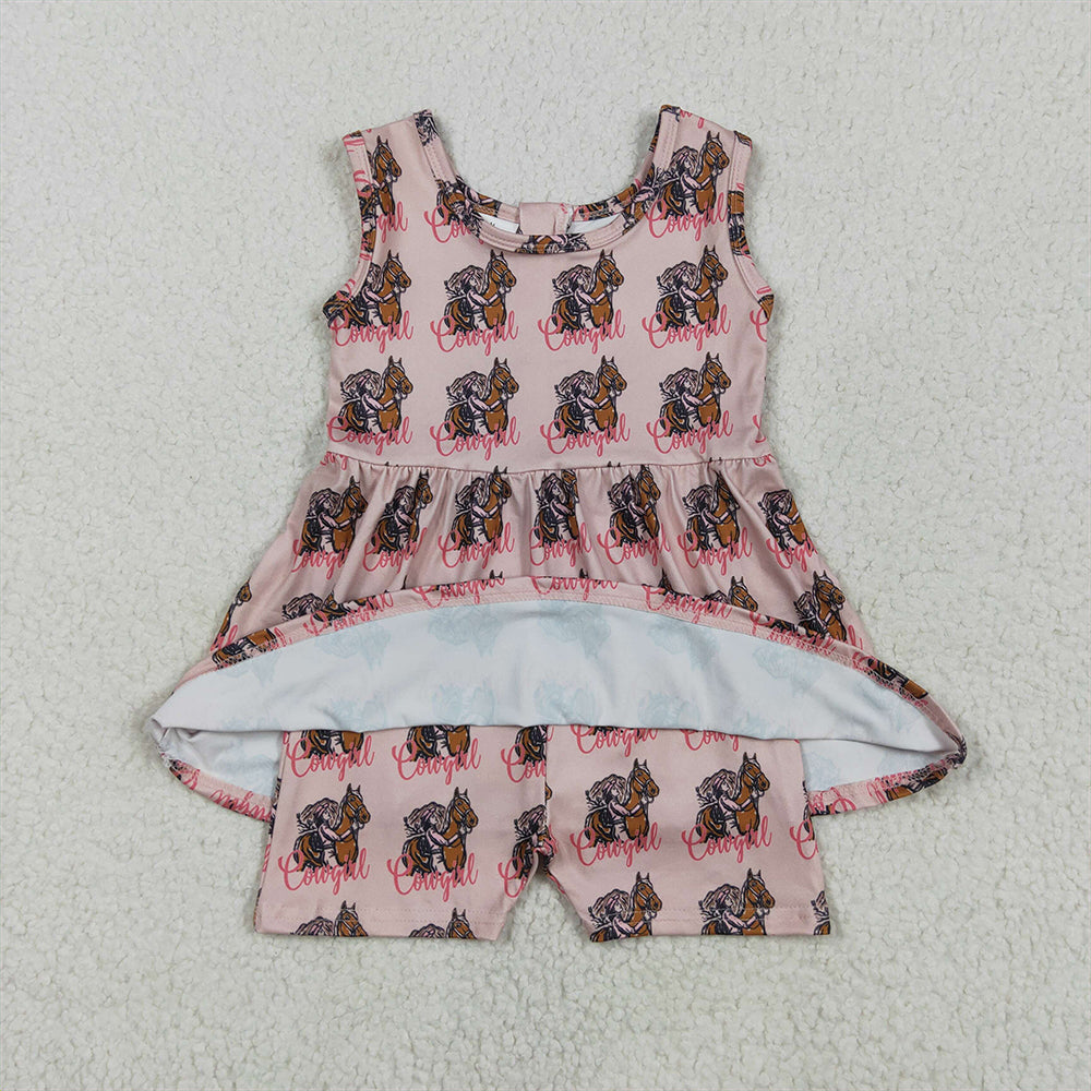 SR3072RTS NO MOQ Baby Girls Summer Jumpsuits Baby Girls Pink Sleeveless Horses Rodeos Cowgirl Skort Jumpsuits