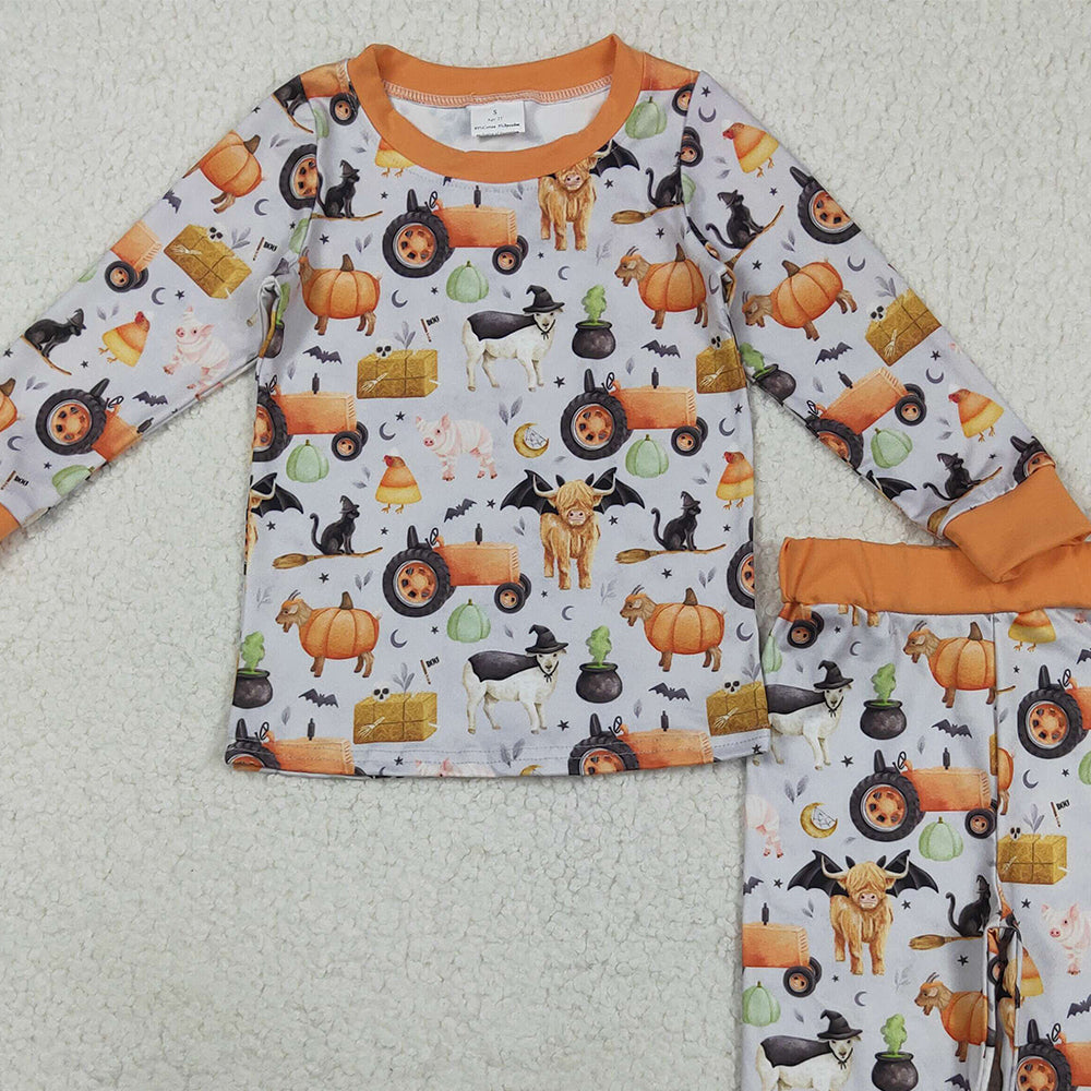 RTS NO MOQ (In stock)BLP1179 Baby Boys Winter Outfits Baby Boys Bats Farm Pumpkins Top Pant Halloween Pajamas Set