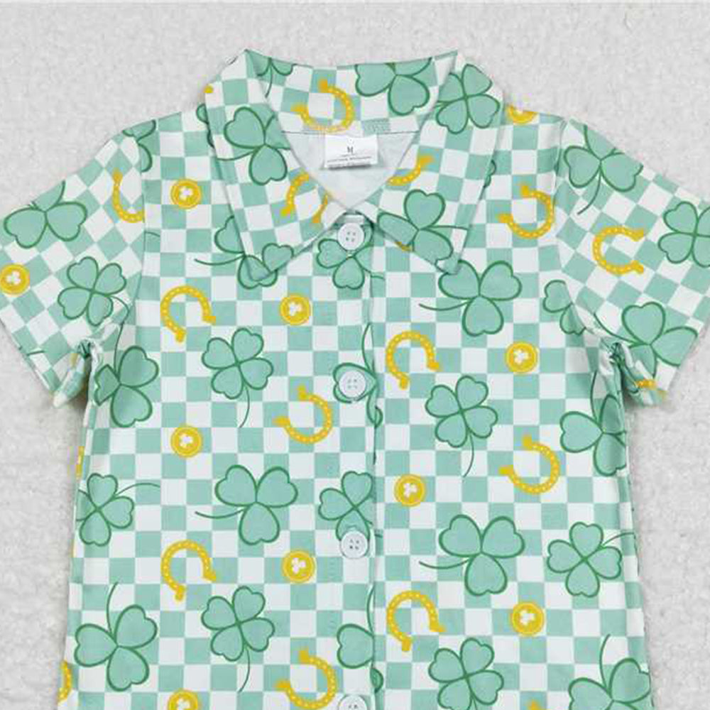 BT0543 RTS NO MOQ Green plaid clover boys st patrick's button down shirt
