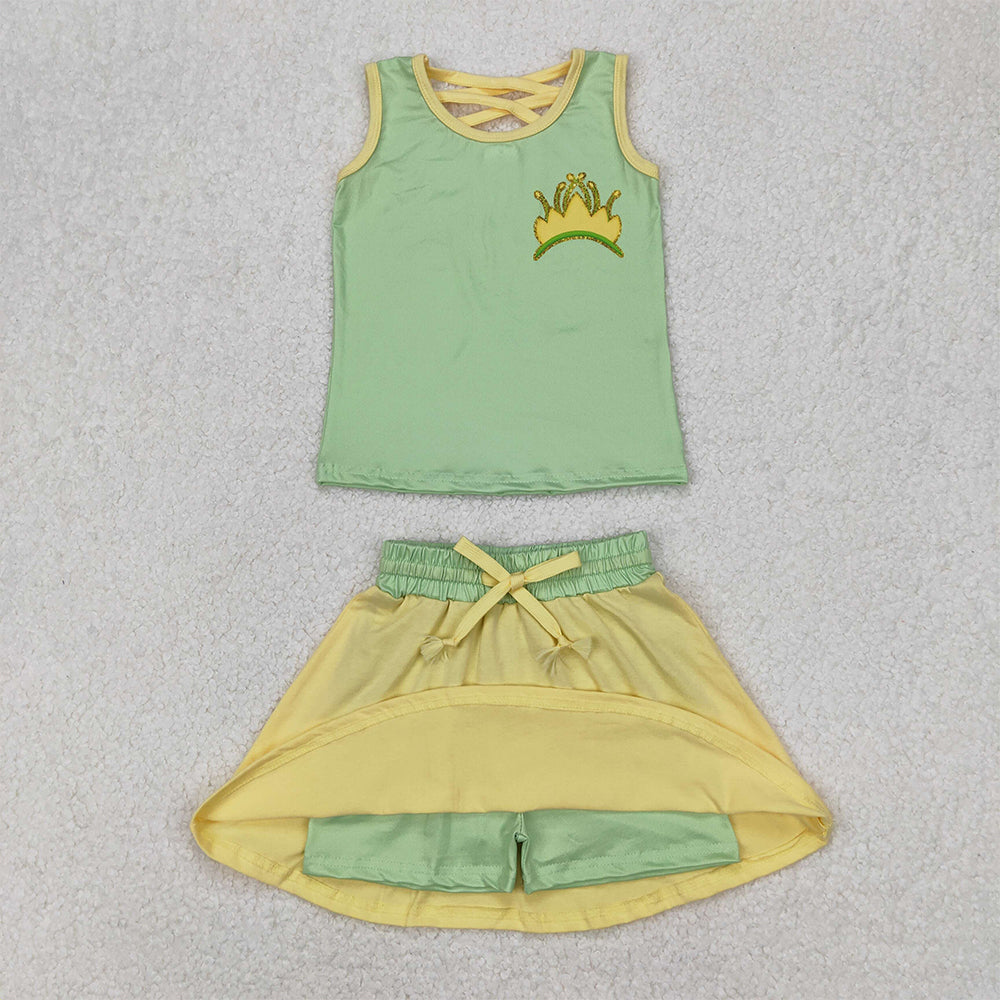 4.30 GSD2071 RTS NO MOQ Green yellow sleeveless crown top skirt princess girls clothes