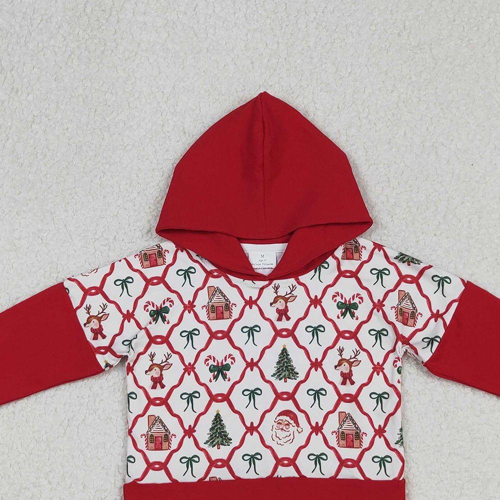RTS NO MOQ (In stock)GT1042 Baby Girls Long Sleeve Tops Red Christmas Bows Gingerbread Trees Santa Hoodies Tops