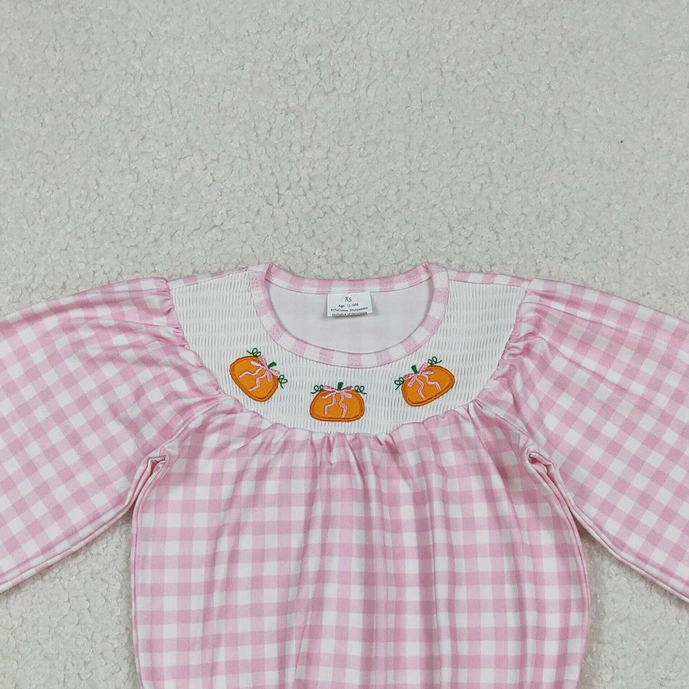 10.10 RTS NO MOQ (In stock)LR2181 Baby Girls Winter Rompers Smocked Pumpkins Baby Girls Pink Checked Fall Rompers