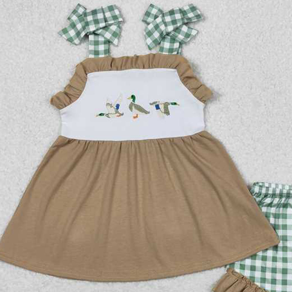 4.12 GSSO0653 RTS NO MOQ Plaid straps duck tunic ruffle shorts girls outfits