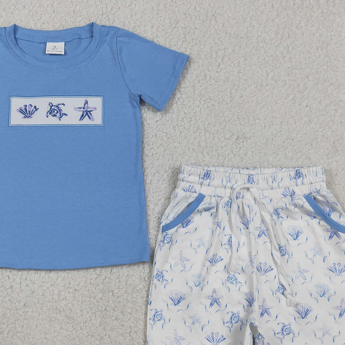 BSSO1979 RTS NO MOQ (In stock )Turtle shell starfish embroidery top shorts kids boys outfits