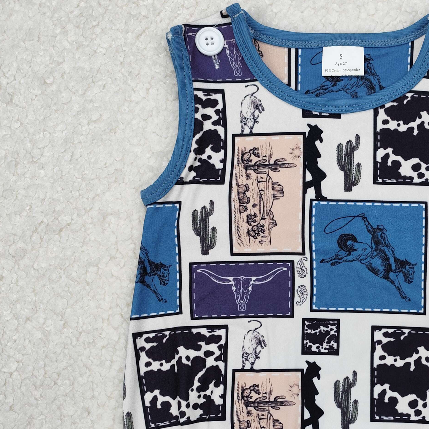 SR2700Cactus Rodeo Western Sleeveless Romper for Baby Boy Comfortable Breathable Summer Outfit with Cactus Print