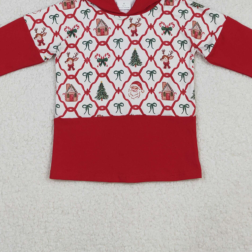 RTS NO MOQ (In stock)GT1042 Baby Girls Long Sleeve Tops Red Christmas Bows Gingerbread Trees Santa Hoodies Tops