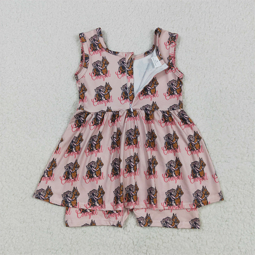 SR3072RTS NO MOQ Baby Girls Summer Jumpsuits Baby Girls Pink Sleeveless Horses Rodeos Cowgirl Skort Jumpsuits