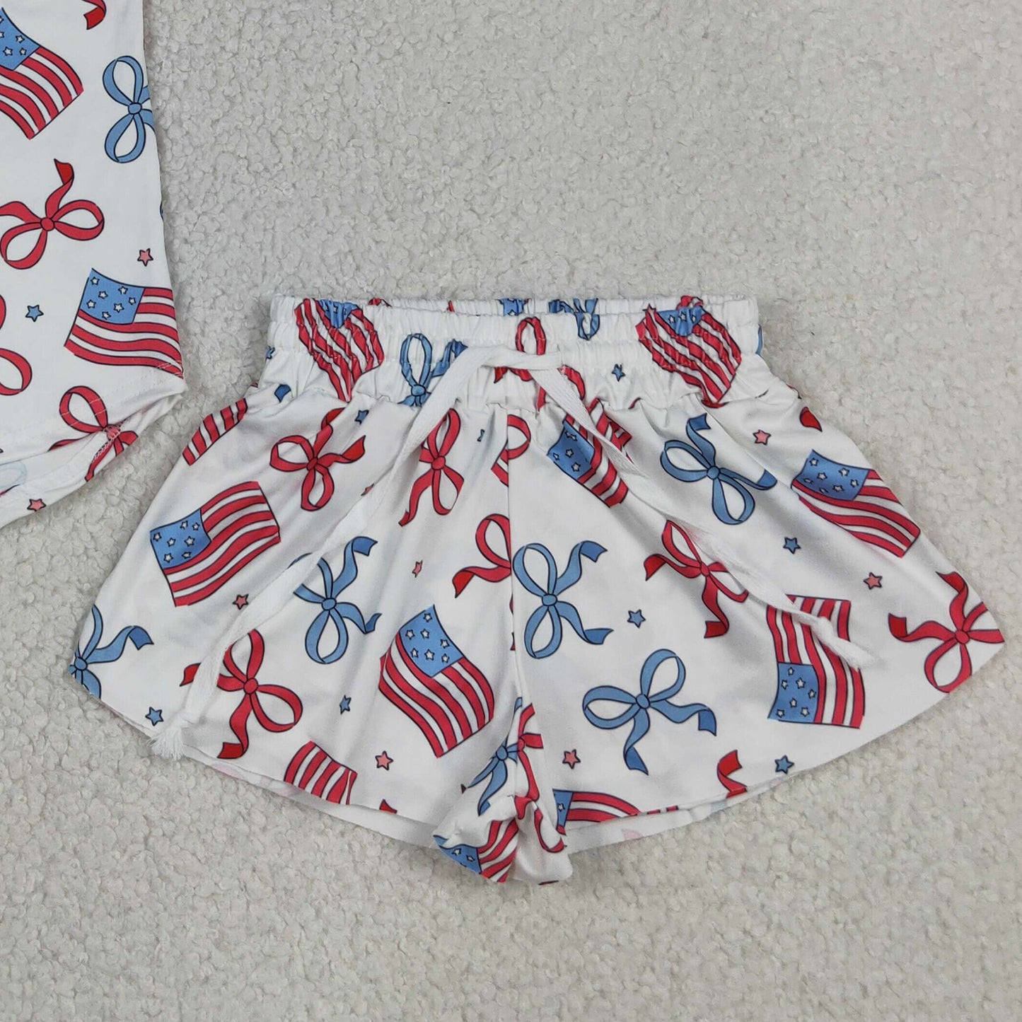 GSSO3520 RTS NO MOQ (In stock)Sleeveless bow flag top shorts kids girls 4th of july outfits