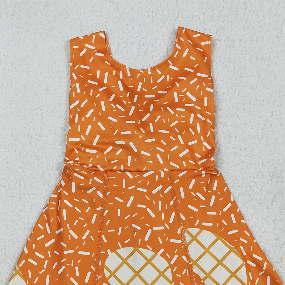 RTS NO MOQ (In stock)GSD2750 Baby Girls Summer Yoga Dress Baby Girls Orange Drip Sprinkles Team Yoga Active Knee Length Dresses