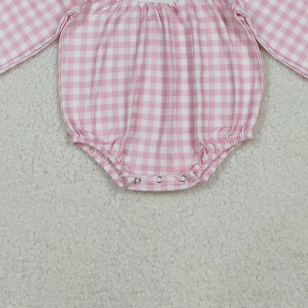 10.10 RTS NO MOQ (In stock)LR2181 Baby Girls Winter Rompers Smocked Pumpkins Baby Girls Pink Checked Fall Rompers