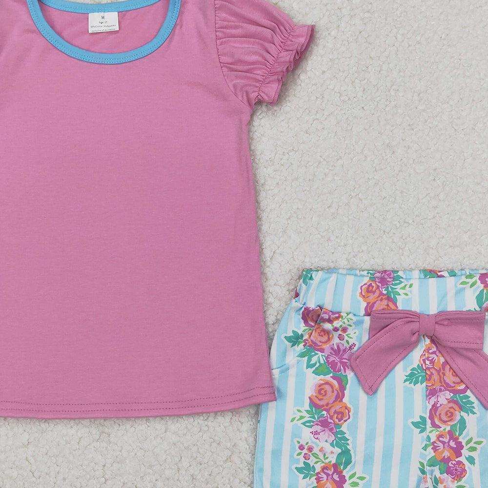 5.28 GSSO2389 RTS NO MOQ Baby Girls Summer Outfits Short sleeves pink top floral shorts kids girls outfits
