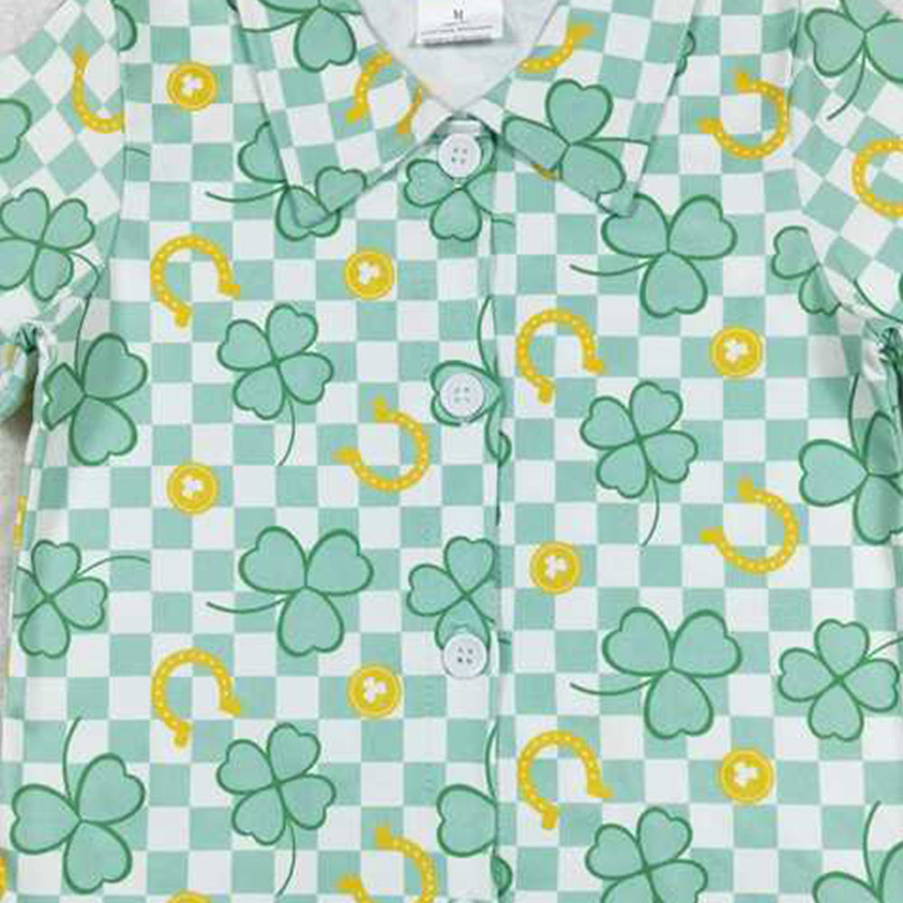 BT0543 RTS NO MOQ Green plaid clover boys st patrick's button down shirt