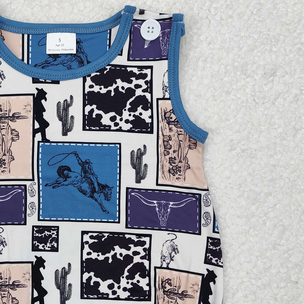 SR2700Cactus Rodeo Western Sleeveless Romper for Baby Boy Comfortable Breathable Summer Outfit with Cactus Print