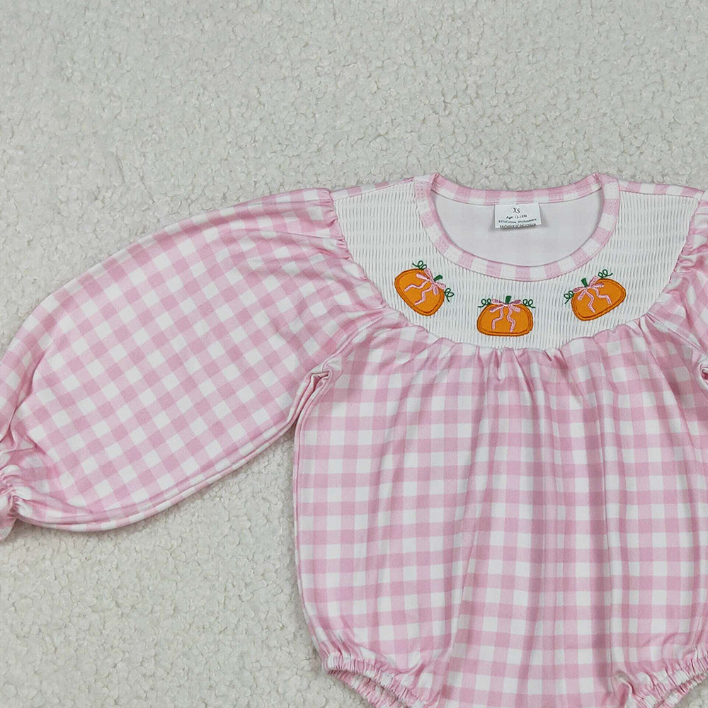 10.10 RTS NO MOQ (In stock)LR2181 Baby Girls Winter Rompers Smocked Pumpkins Baby Girls Pink Checked Fall Rompers