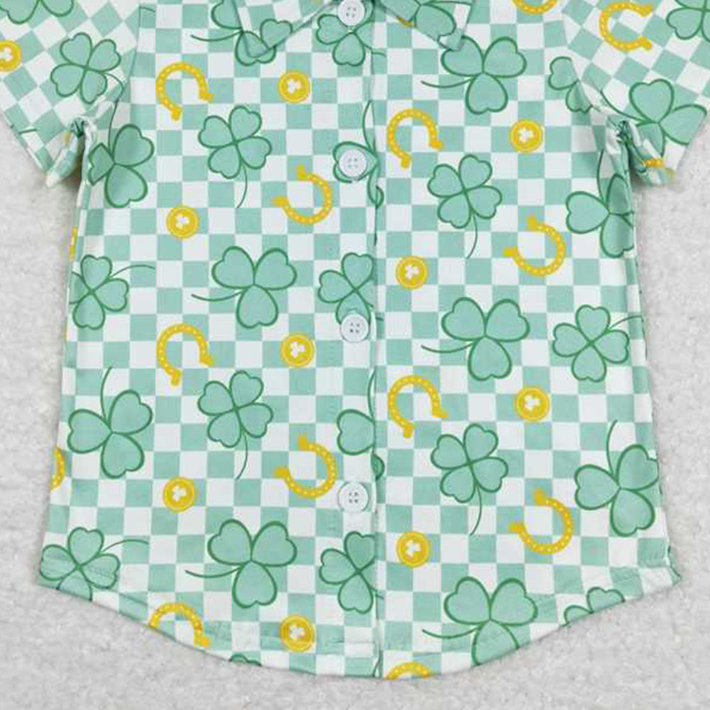 BT0543 RTS NO MOQ Green plaid clover boys st patrick's button down shirt