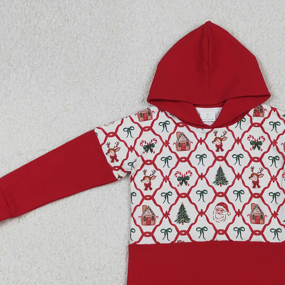 RTS NO MOQ (In stock)GT1042 Baby Girls Long Sleeve Tops Red Christmas Bows Gingerbread Trees Santa Hoodies Tops
