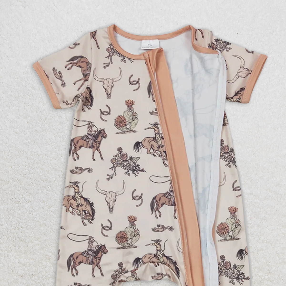 SR1220RTS NO MOQ Short sleeves rodeo bull skull baby western zipper romper