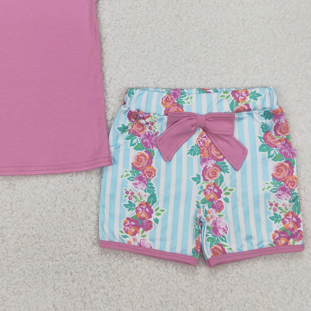 5.28 GSSO2389 RTS NO MOQ Baby Girls Summer Outfits Short sleeves pink top floral shorts kids girls outfits