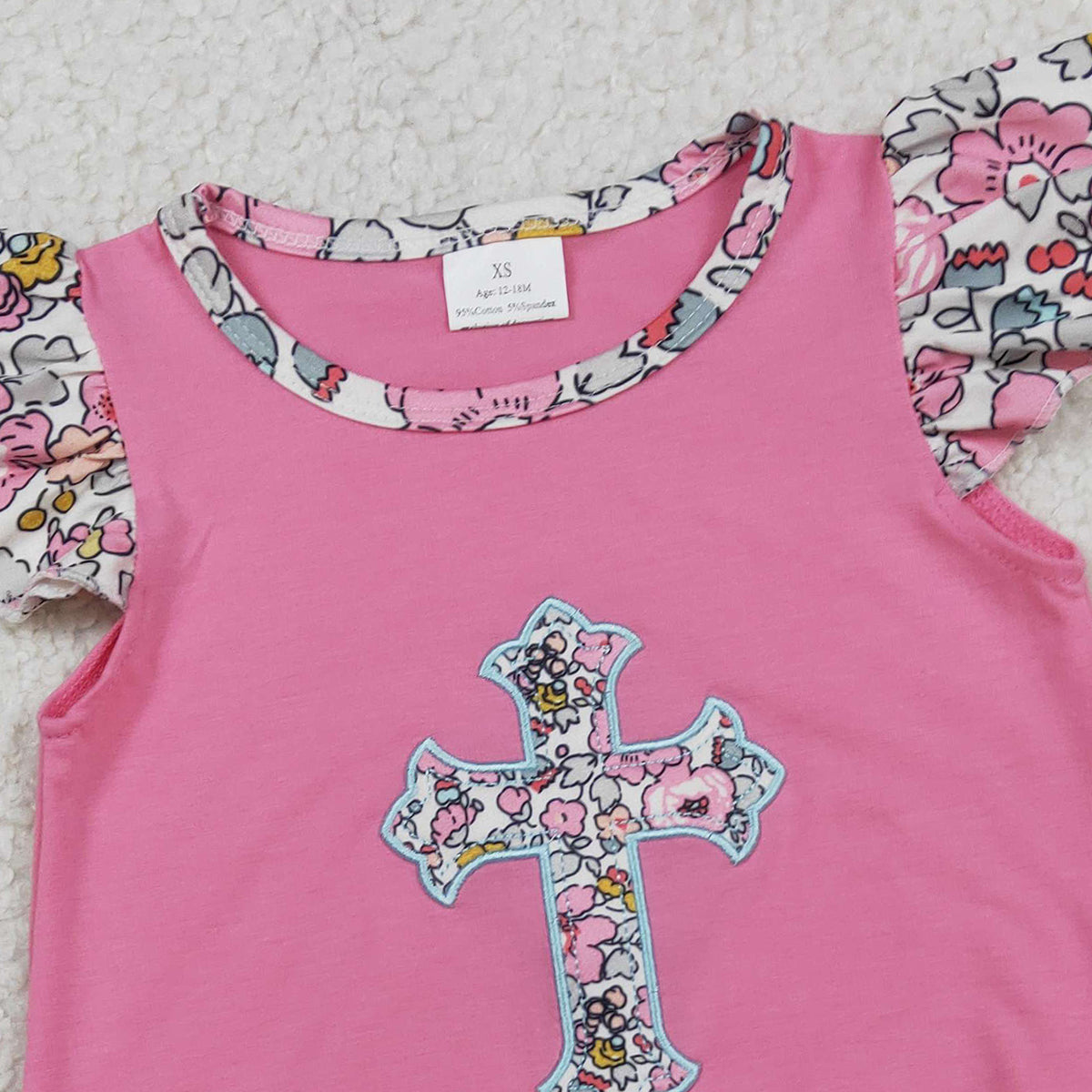 1.27 RTS NO MOQ (In stock)SR3845 Embroidery Floral Crosses Baby Girls Flutter Sleeve Easter Ruffle Rompers