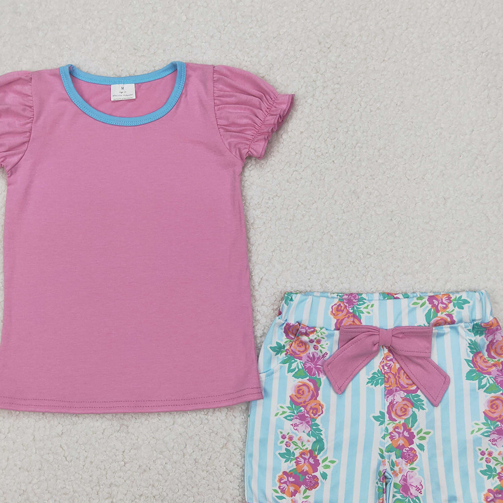 5.28 GSSO2389 RTS NO MOQ Baby Girls Summer Outfits Short sleeves pink top floral shorts kids girls outfits