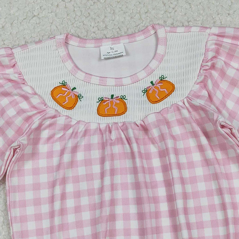 10.10 RTS NO MOQ (In stock)LR2181 Baby Girls Winter Rompers Smocked Pumpkins Baby Girls Pink Checked Fall Rompers