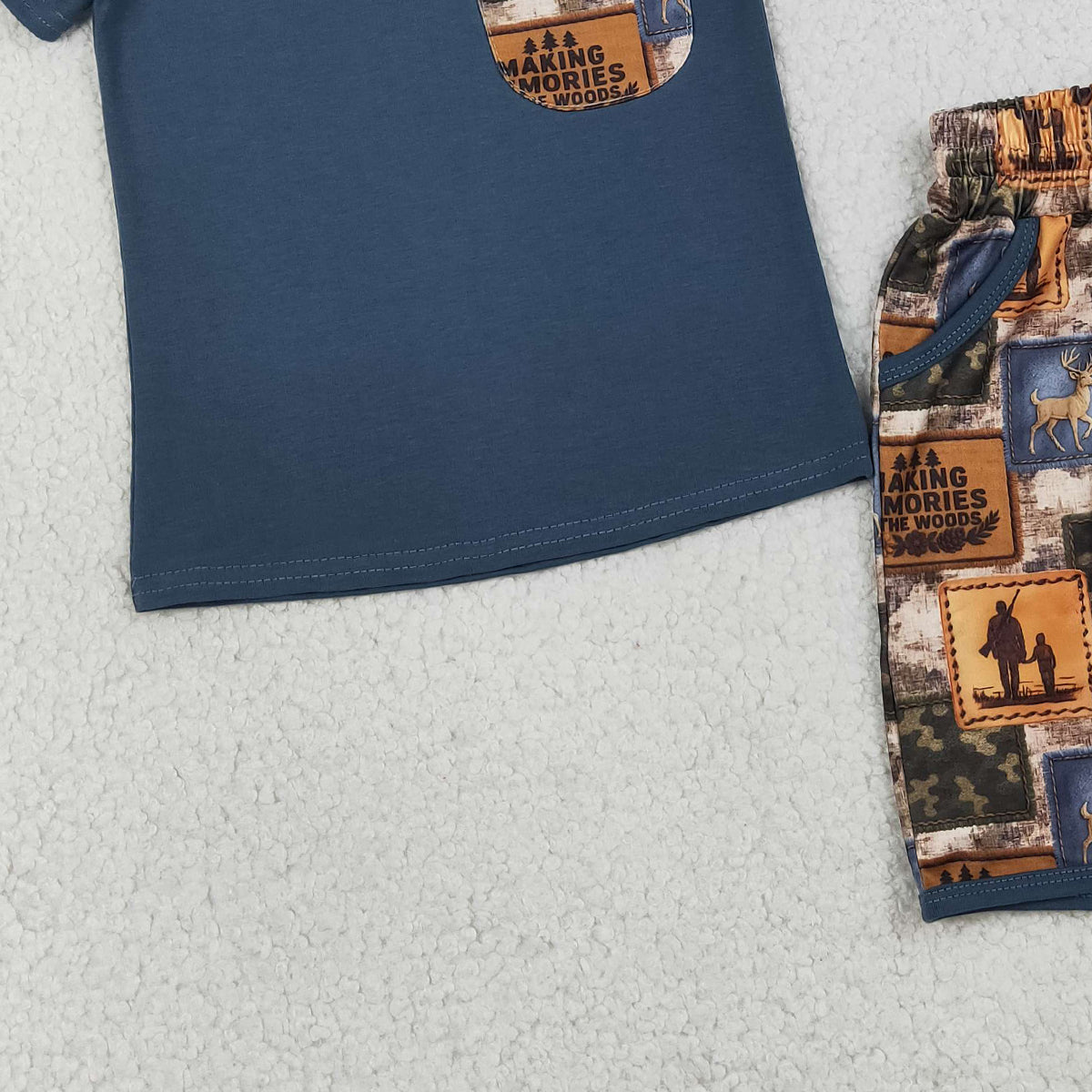 3.24 RTS NO MOQ (In stock)BSSO1846 Fashion Clothing For Baby Boys Short Sleeve Shirt Top Deer Camo Checked Pockets Shorts Hunting Clothes Sets