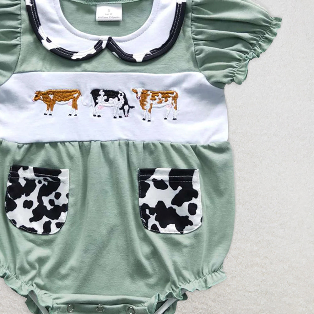 SR0373 RTS NO MOQ Baby Girls Summer Rompers Baby Girls Cow Green Color Rompers