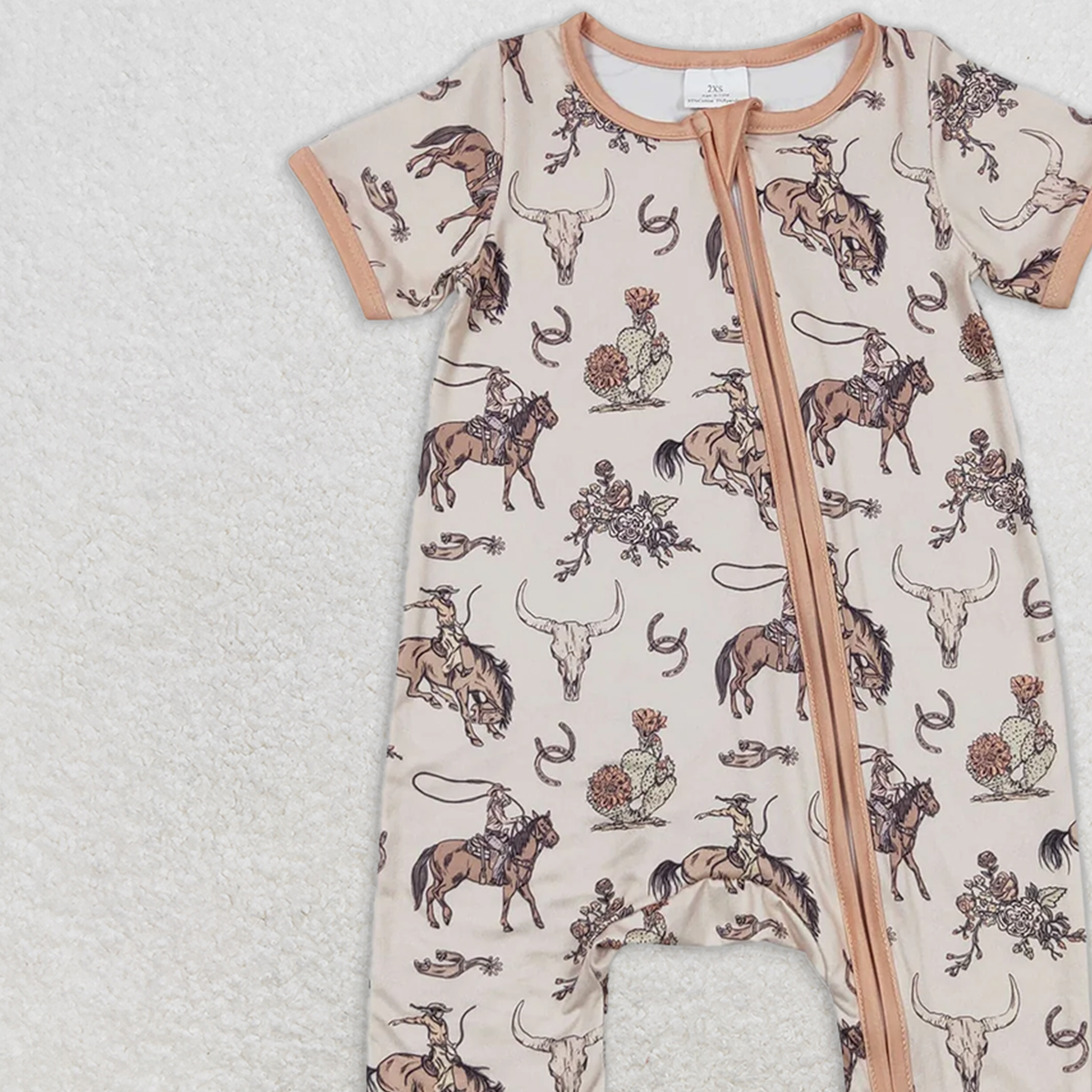 SR1220RTS NO MOQ Short sleeves rodeo bull skull baby western zipper romper