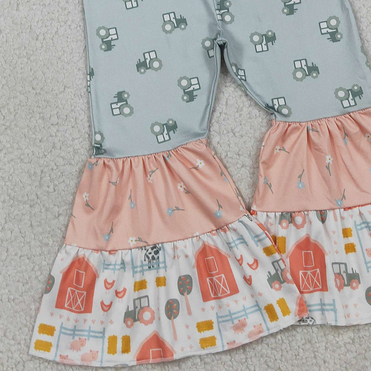 1.20 RTS NO MOQ (In stock)SR3587 Baby Girls Strap Farm Chicks Trucks Patchwork Bell Bottom Jumpsuits