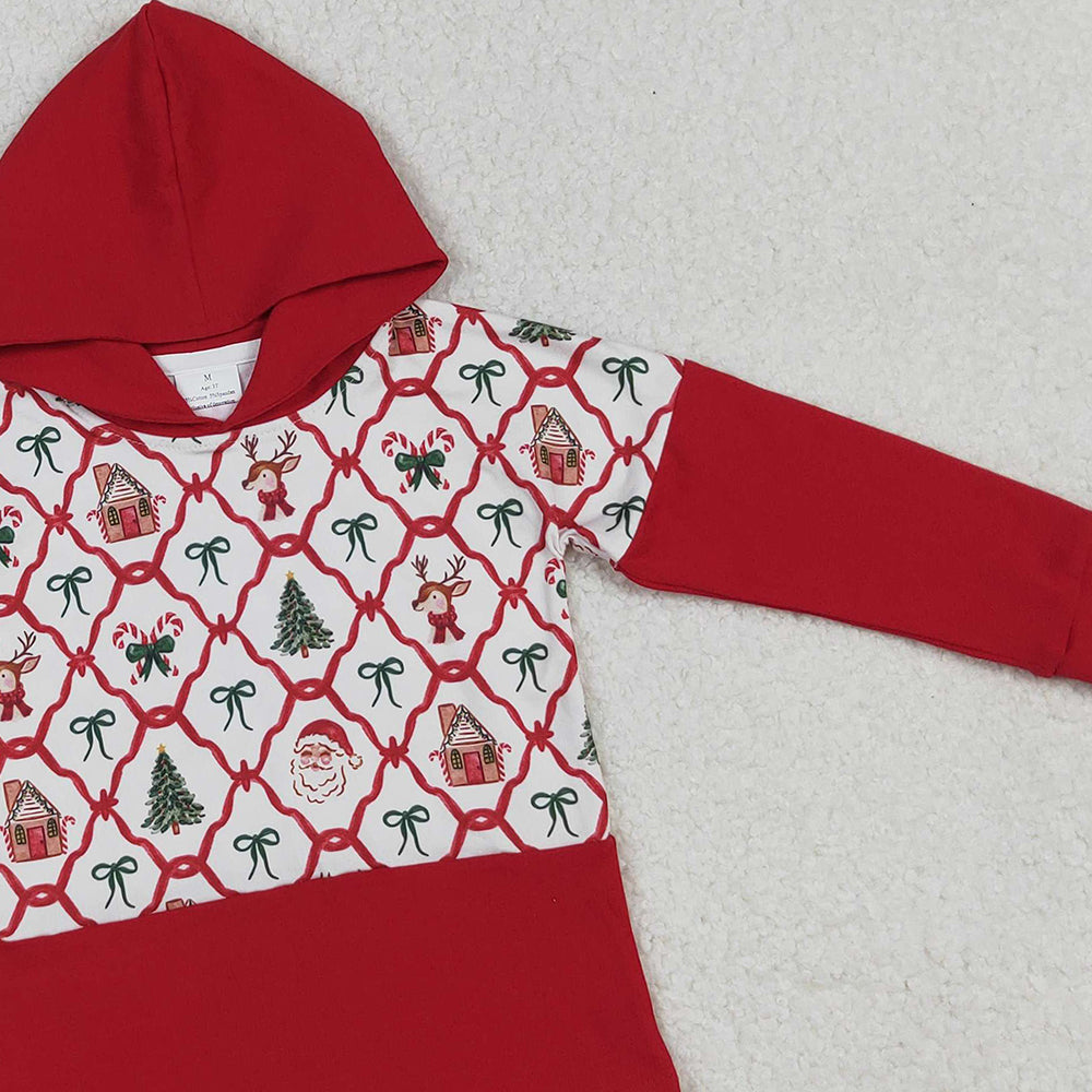 RTS NO MOQ (In stock)GT1042 Baby Girls Long Sleeve Tops Red Christmas Bows Gingerbread Trees Santa Hoodies Tops
