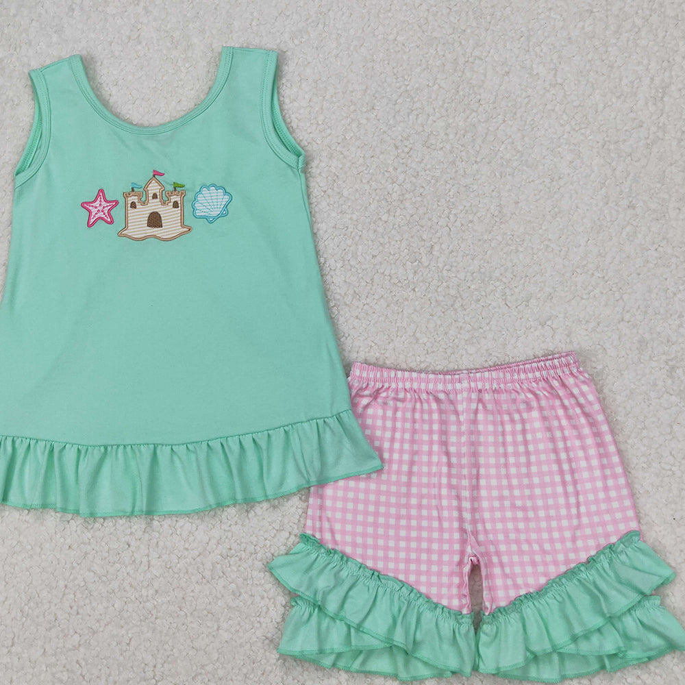 4.08 GSSO1983 RTS NO MOQSleeveless starfish shell castle top shorts girls summer clothes