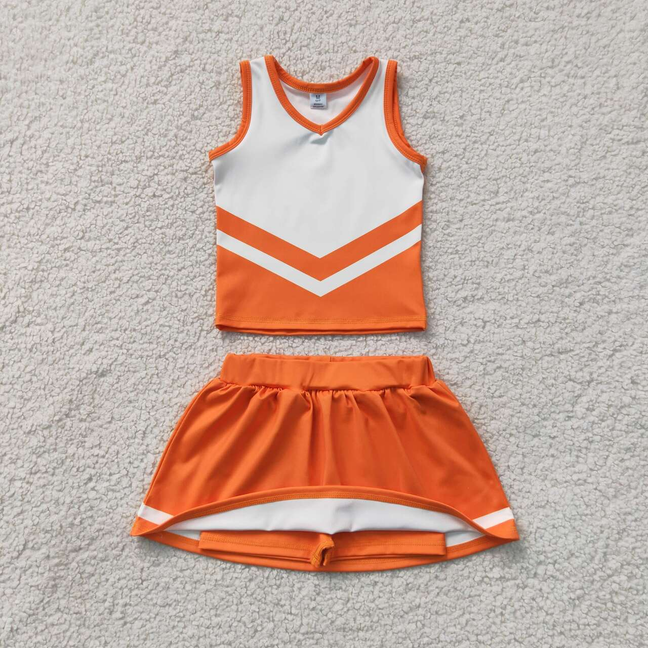 GSD4199 RTS NO MOQ(In stock)Sleeveless Sleeveless white orange top skirt girls team cheer active set
