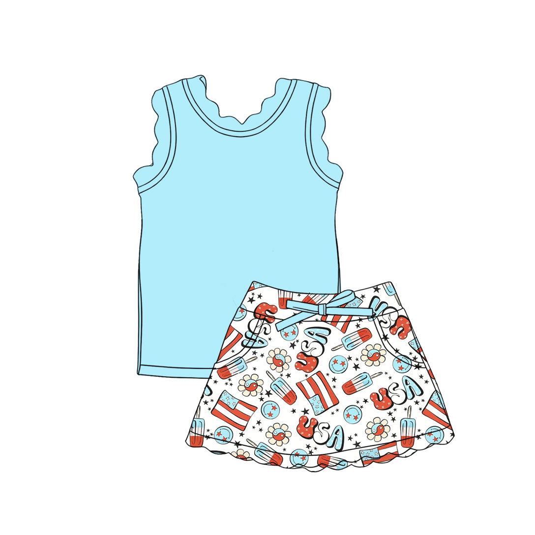 CUSTOM MOQ 5 Baby Girls Blue USA Sleeveless Top Skirt Shorts Yoga Active Clothes Sets