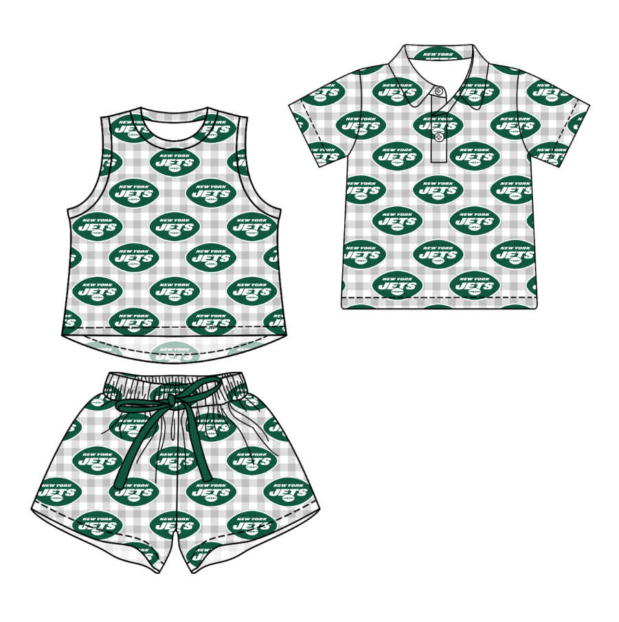 3.16 CUSTOM MOQ 5 Sibling Boys Baby Girls Summer Fashion Gray Check Green Sleeveless Top Shorts Button Polo Shirts Team Clothes Sets