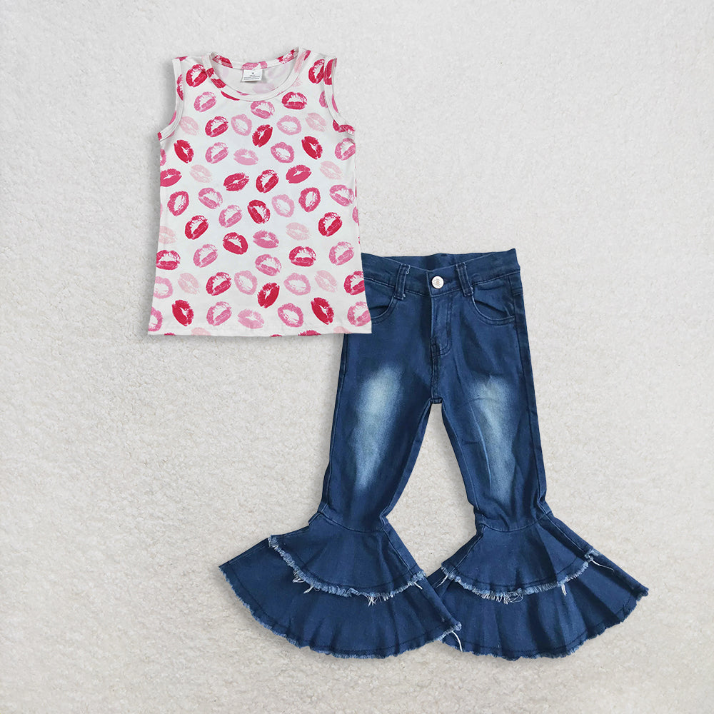 3.2 RTS NO MOQ (In stock)GT1419 + P0003 Summer Baby Girls Red Sleeveless Shirt Denim Jeans Pants Clothes Sets