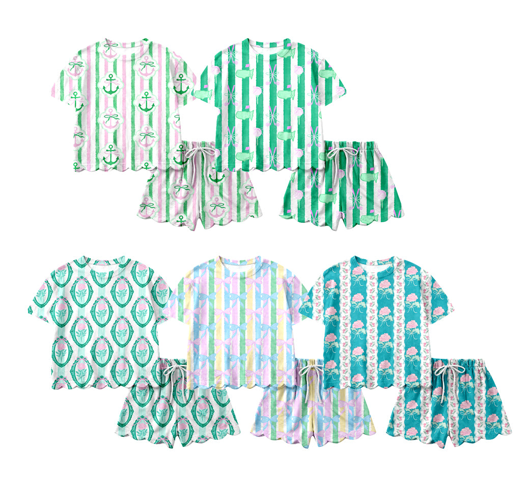 CUSTOM MOQ 5 Sibling Baby Girls Summer Green Short Sleeve Top Shorts Clothes Sets