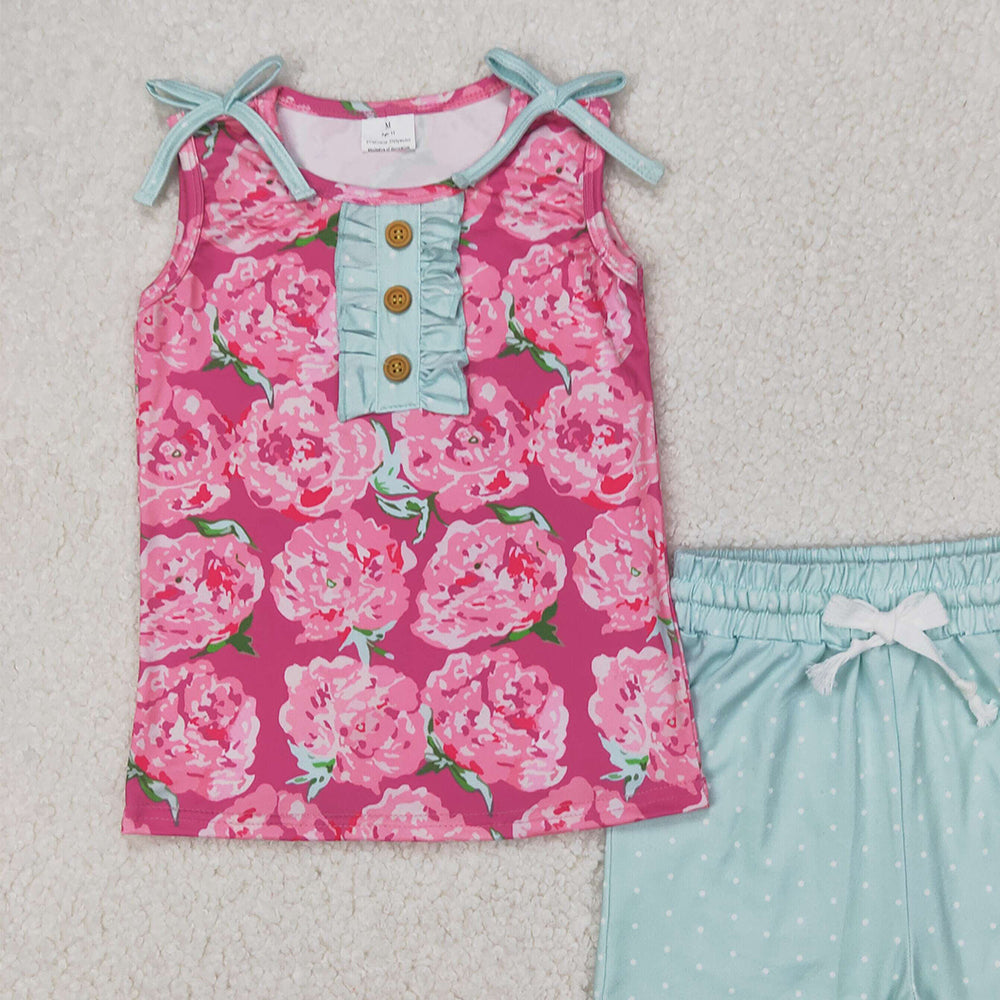 4.08 GSSO2356 RTS NO MOQ Sleeveless pink floral top cotton shorts girls clothing set