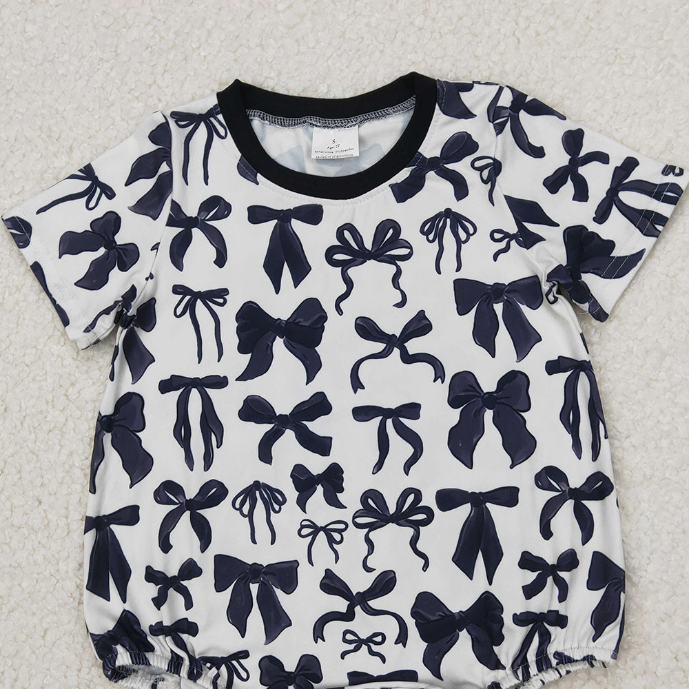 6.11 SR2820 RTS NO MOQ Baby Girls Summer Romper Short sleeves black bow baby girls summer romper