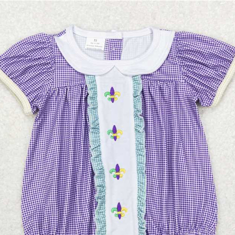 4.24 SR0471 RTS NO MOQ Purple short sleeves baby girls Mardi gras romper